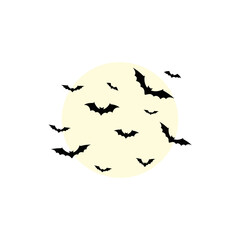 A swarm of black bat silhouettes flying at night.