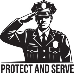 Dedicated police officer saluting with honor emblem