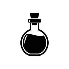 Black potion bottle with cork stopper, liquid inside, simple design.
