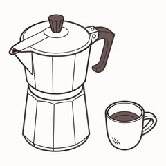 A classic italian stovetop moka pot coffee maker with a full cup of dark coffee beside it