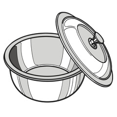 A clean simple line art illustration of a shiny metal mixing bowl with a slightly ajar lid on a white background