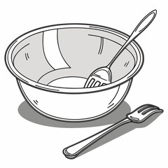 A simple line art illustration of a clean empty bowl with a fork inside and another fork lying beside it on a white background