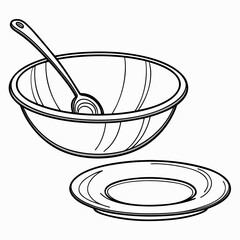 Clean empty black and white line drawing illustration of a serving bowl with a spoon and a plate