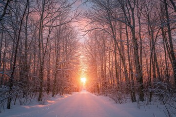 Fototapeta premium Winter sunset over a snowy forest path lined with trees