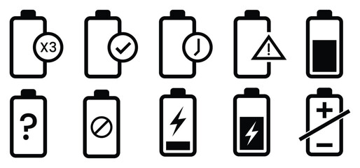 Battery icon set logo. Battery level sign. Full battery indicator or low battery sign. Power level symbol. Energy-packed illustration. Simple vector design.