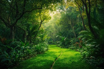 Obraz premium Lush Green Forest Trail in a Tropical Setting - Artistic Travel Theme