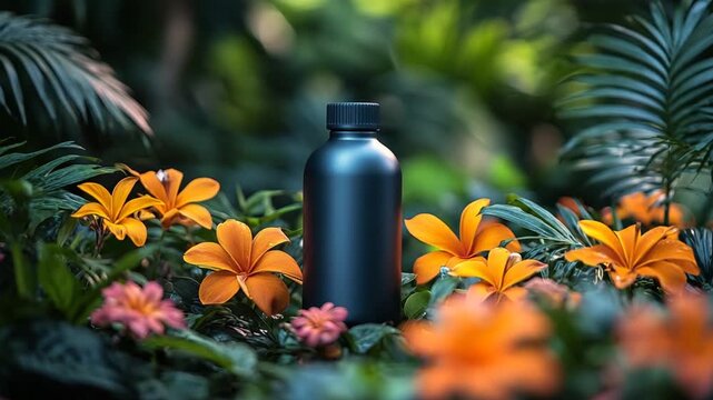 Dark bottle in a vibrant garden with orange and pink flowers, surrounded by lush green foliage.