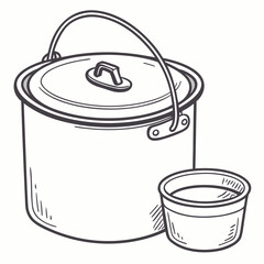 Hand drawn sketch of a camping pot with a lid and a small cup next to it on a white background