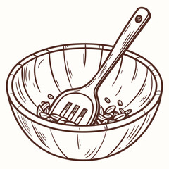 Hand drawn illustration of a wooden salad bowl with a serving spoon and fork containing a few scattered grains of rice or seeds
