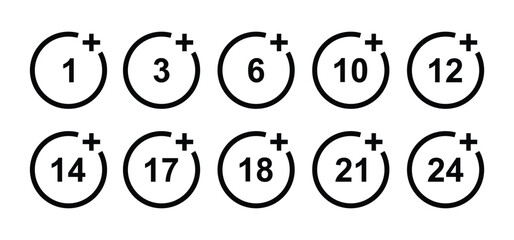 vector logo sets age limit sign, underage restriction, prohibition icon, age icon 1, 3, 6, 12, 14, 17, 18, 21, 24 years and above.
