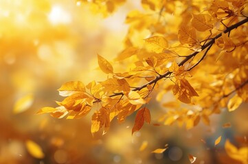 Fototapeta premium Workspace scene with golden foliage and dried yellow leaves on a tree branch, anime style