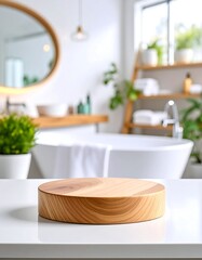 Modern bathroom scene featuring a wood surface for product display
