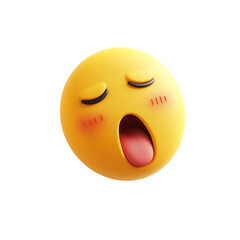 Fototapeta premium A yellow emoji face yawning with closed eyes and blushing cheeks, isolated on transparent background