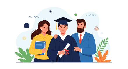 Obraz premium Proud parents celebrate child's graduation achievement with diploma and cap, symbolizing academic success and bright future ahead