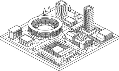 Isometric city block, stadium center, urban buildings, office towers, residential homes, roads, crosswalks, parked cars, trees, black and white vector, architectural layout, infrastructure