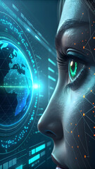 Cybernetic Human with Green Eye Gazing at Digital Earth — Futuristic Interface and Global Connectivity