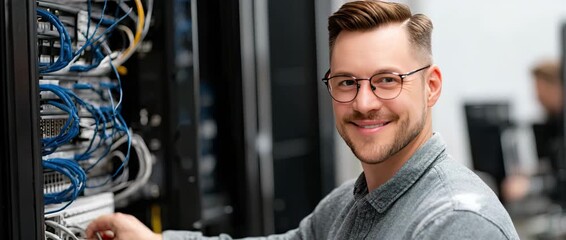 A technician is happily adjusting network cables in a busy data center filled with servers and equipment