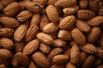 Fototapeta premium Close-up view of raw brown almond nuts heap with blurred edges. Organic vegan almonds rich in protein and vitamins. Background pattern featuring healthy food and agricultural seeds.