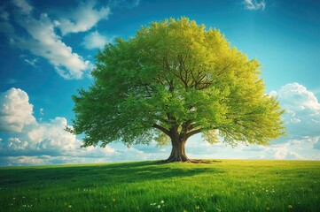 Fototapeta premium Lush green landscape under a bright blue summer sky