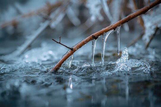 Frozen water droplets hanging from a tree limb submerged in water. Icicle formations. Early spring scene. Detailed view. - Powered by Adobe