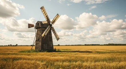 Fototapeta premium A weathered wooden windmill stands majestically in a golden wheat field under a bright blue sky with fluffy white clouds, creating a serene and idyllic rural landscape.