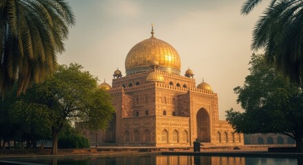 Obraz premium Golden domed mausoleum amongst lush greenery at sunset