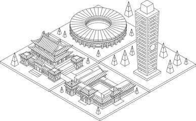 Isometric cityscape featuring traditional Asian architecture, modern skyscraper, sports stadium, trees, urban planning, detailed line art, monochrome design, vector illustration, cultural 