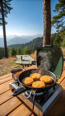 Outdoor Cooking in Mountain Forest — Steaming Patties on Portable Stove at Scenic Campsite
