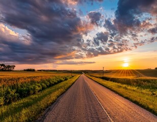 rural road with dramatic clouds in southern minnesota at sundown