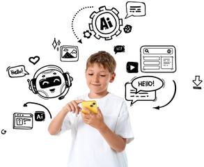 Cheerful kid boy in white shirt using phone, surrounded by hand-drawn tech and chat icons, isolated on white background, concept of digital interaction