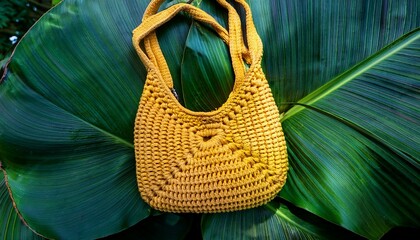 handmade yellow summer crochet bag on green leaves