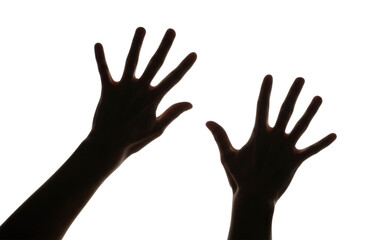 Obraz premium Two hands reaching up in silhouette isolated cutout transparent png