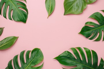 Obraz premium Pastel pink backdrop with tropical foliage. Simple design. Overhead view.