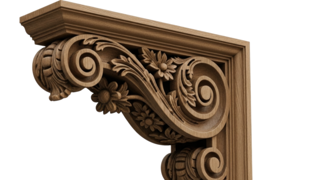 Wooden decorative bracket isolated on white background cutout transparent png