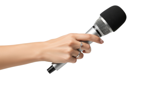 Woman's hand holding a microphone with foam cover isolated cutout transparent png - Powered by Adobe