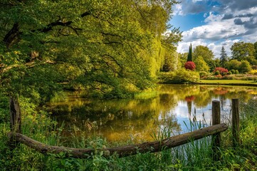 Peaceful water body mirrors dense greenery and sturdy trees, bordered by an old wooden barrier. Sun rays peek through casting spotted shadows.