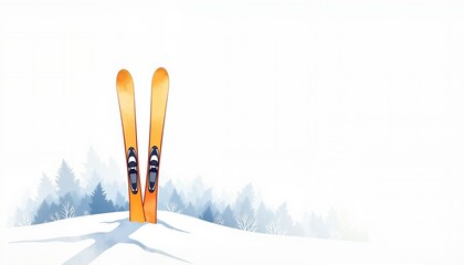 Skis stuck upright in snow on snowy hill with winter trees in background  