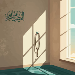 Prayer Beads Hanging on Hook with Shadow in Room Interior