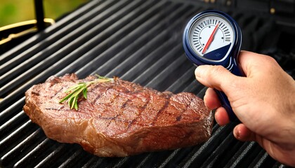measuring steak temperature on a grill