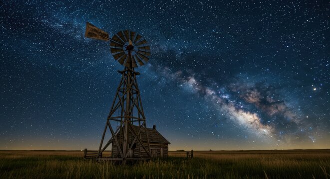 Nighttime scene showcases a weathered windmill silhouetted against a sprawling, star-studded sky, with the luminous glow of the Milky Way stretching across the heavens.