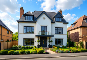 New English Estate attractive garden, neat street, UK.