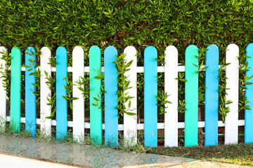 Colorful Wooden Fence Made of White and Blue Planks, Adding a Charming Touch to a Scenic Outdoor Setting, Perfect for Coastal or Beachside Themes.