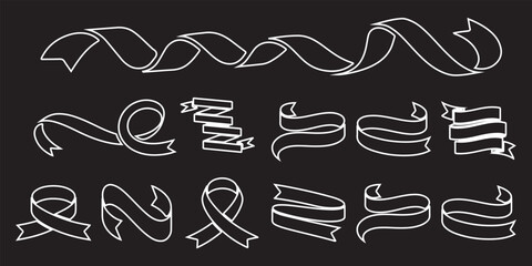 Collection of white ribbon banners on a black background, graphic design elements