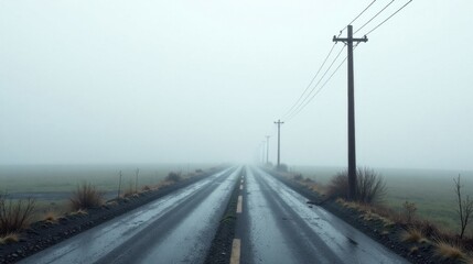 Fototapeta premium A solitary road stretches into a misty expanse, power lines marching alongside, creating a scene of quiet solitude and atmospheric mystery.