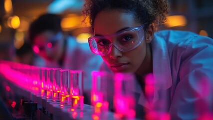Female Scientist Conducting Research in a Modern Neon Lit Laboratory. - Powered by Adobe