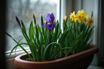 Obraz premium Terracotta planter with early spring bulbs sprouting, viewed from indoors.
