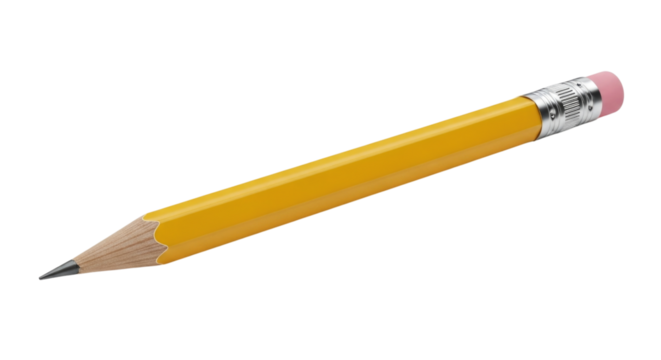 Single yellow pencil with an eraser isolated on white background cutout transparent png