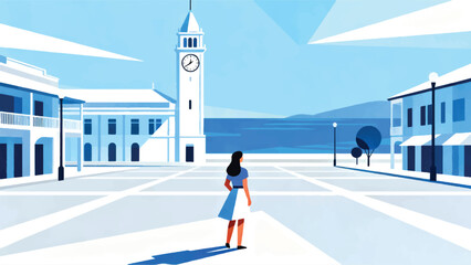 Illustration Of Victoria Clock Tower In The Square With Blue Sea Background In Bright Atmosphere Vector Design Template © BedRoses