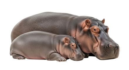 A mother and baby hippopotamus isolated on white background cutout transparent png