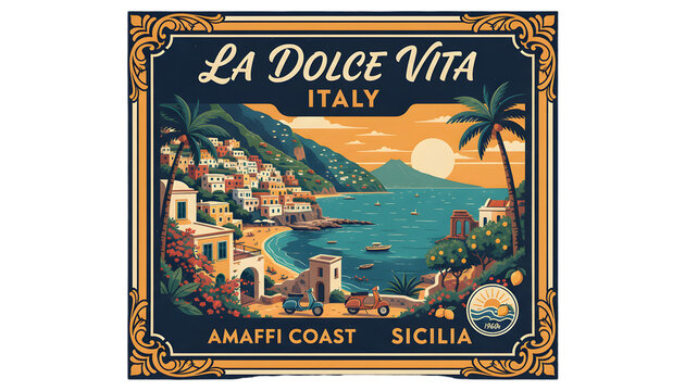 art, design. summer stamp, or vintage posters. amalfi vector sicily print, border la vector travel italy postcard summer emblem, placard or wall illustration dolce poster. element frame vit 76286626 3